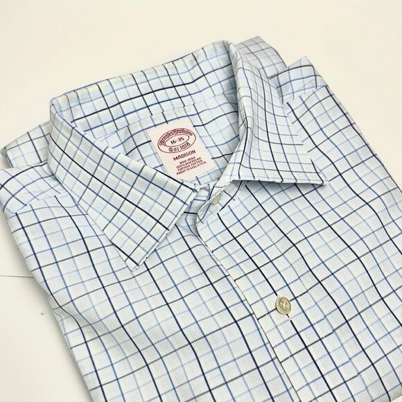 Brooks Brothers Cotton Button Up Shirt Madison Fit White Blue Check Plaid 16-35 - Picture 4 of 9